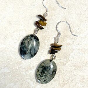 2/$20, Green Prehnite Yellow Tigers Eye Earrings,Gemstone & Sterling Silver Hook